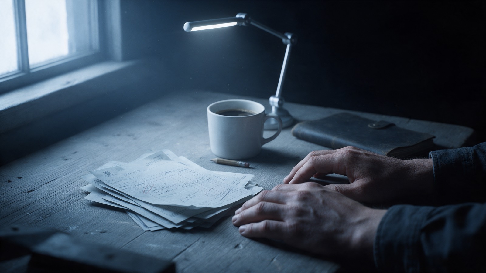 Working hands resting on a workbench beside marked-up invoices and a cold coffee