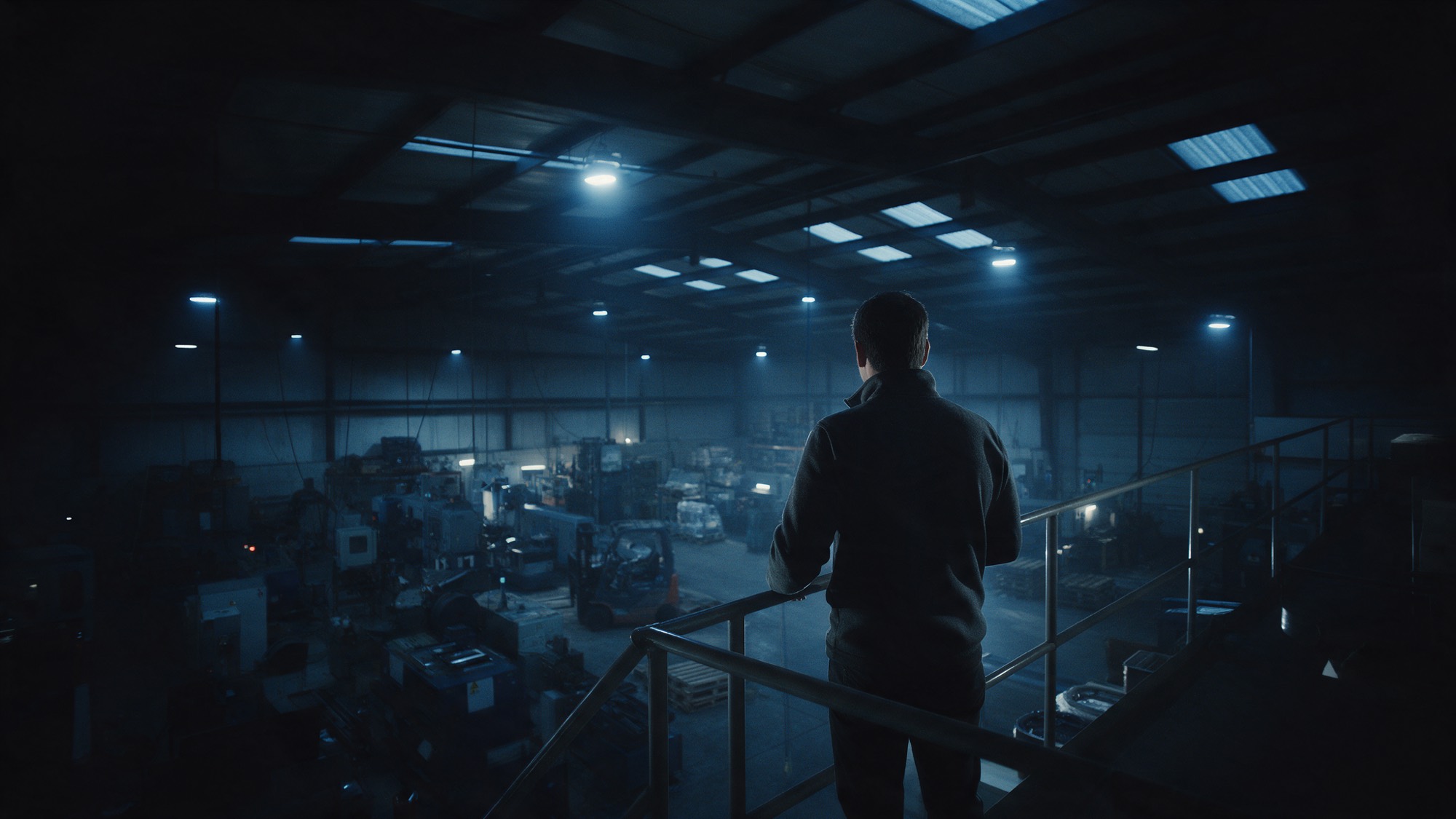 A business owner on a mezzanine looking out over his own production floor at night